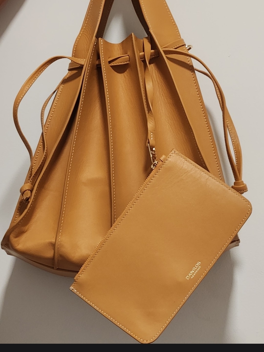 Danilos 100% Leather Drawstring Bucket Bag with Matching Wristlet In Yellow